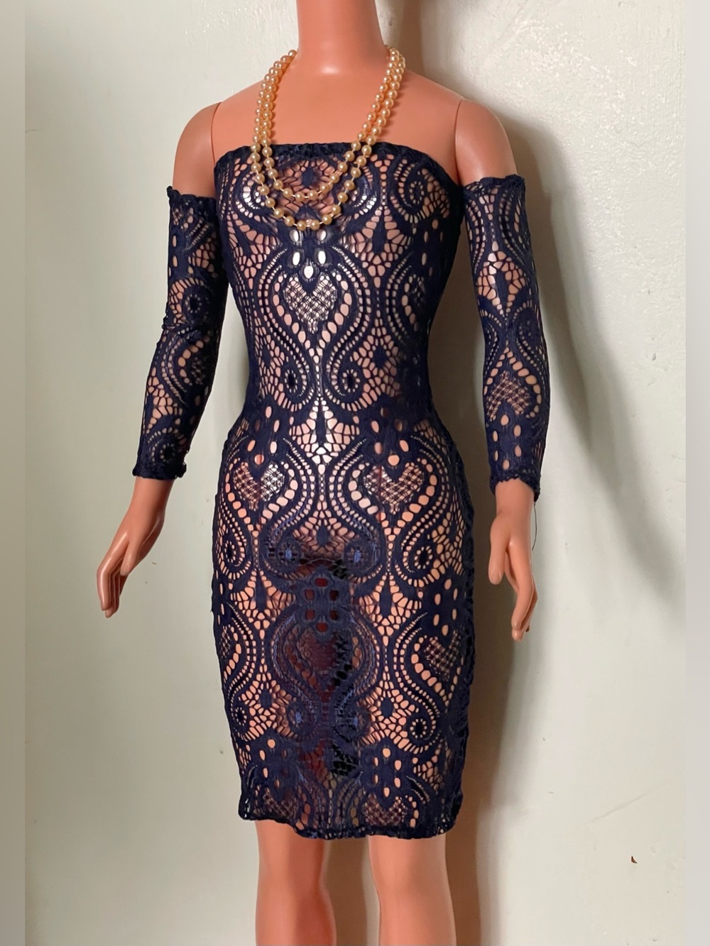 Dark Blue Lace Dress & Beige Beads for My Size Barbie Doll 36".  New. OOAK